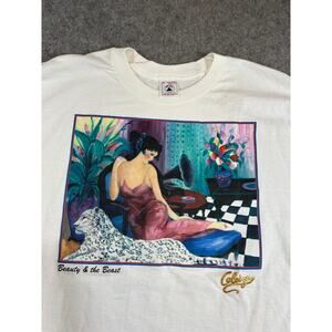 VINTAGE Beauty & The Beast Shirt Mens White Art Graphic Single Stitch Tee 90s XL